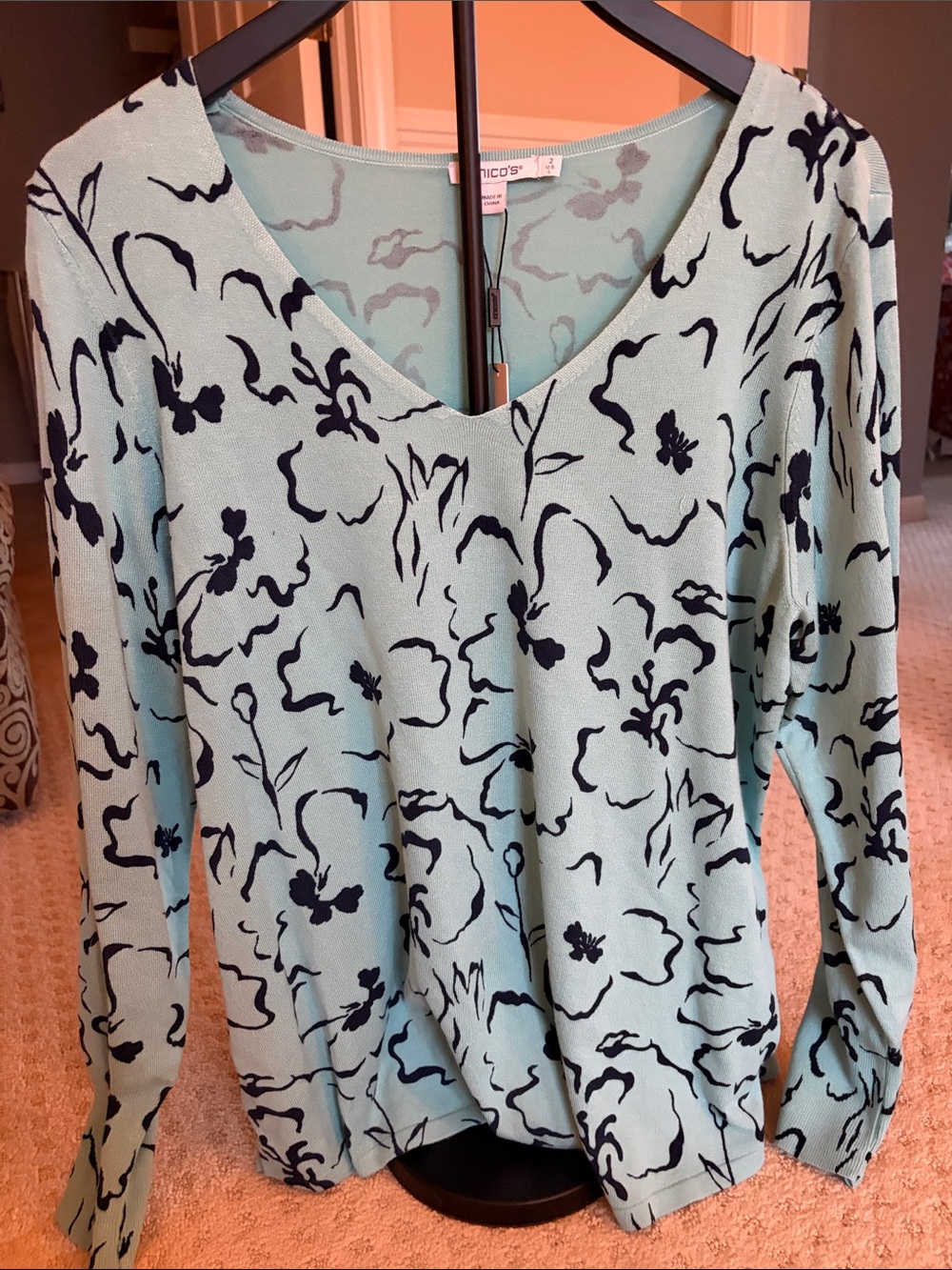 Chico's Mint Green V-Neck Sweater with Navy Floral Print